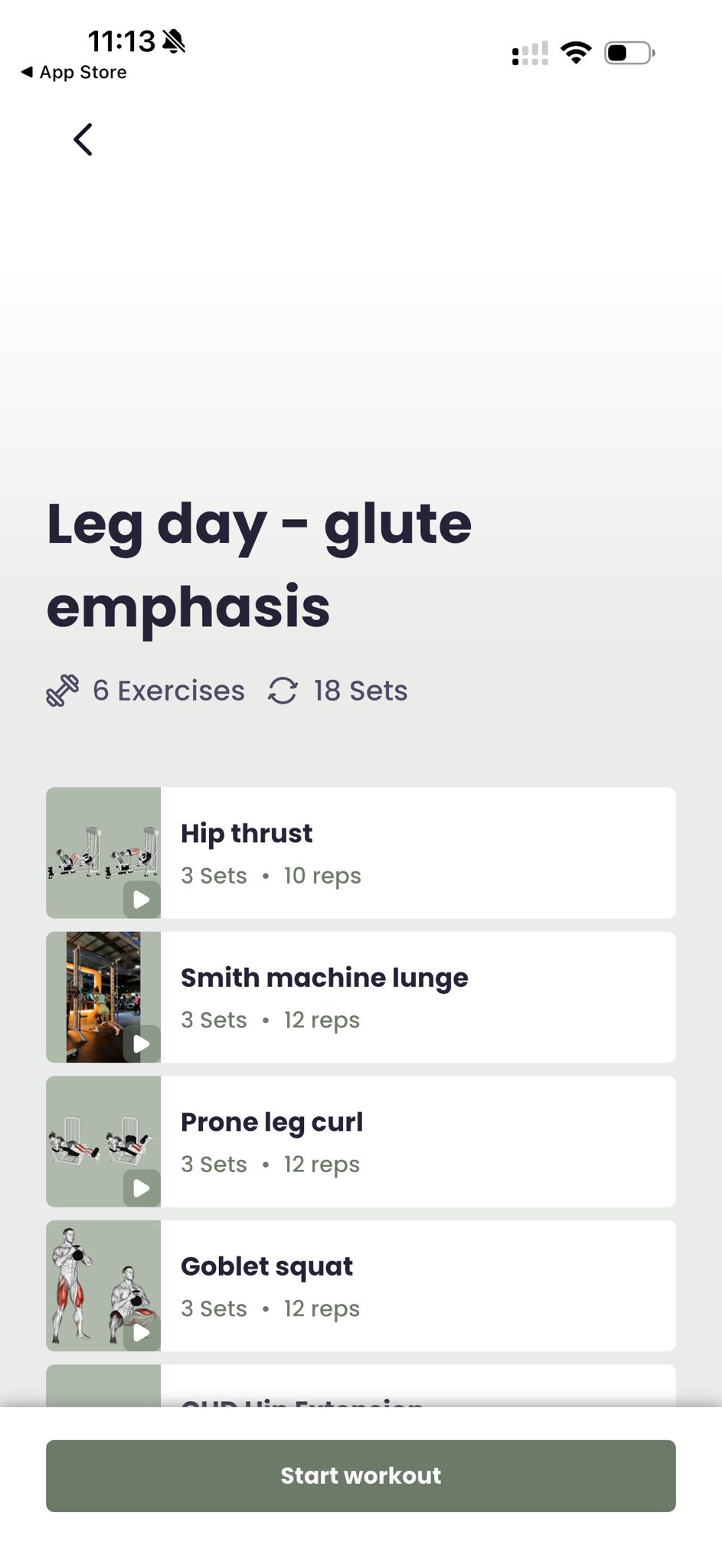 Workouts in the Plantfit app