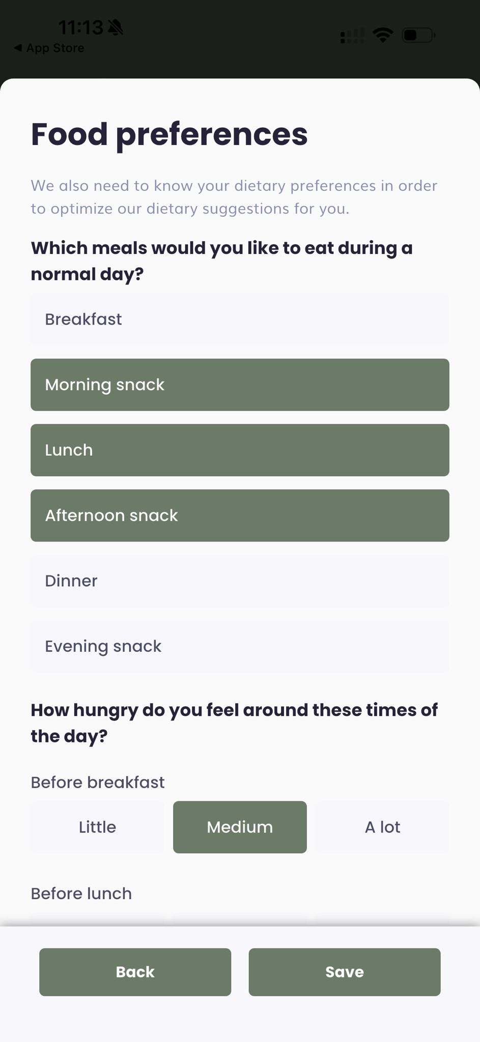 Personalised setup in the Plantfit app
